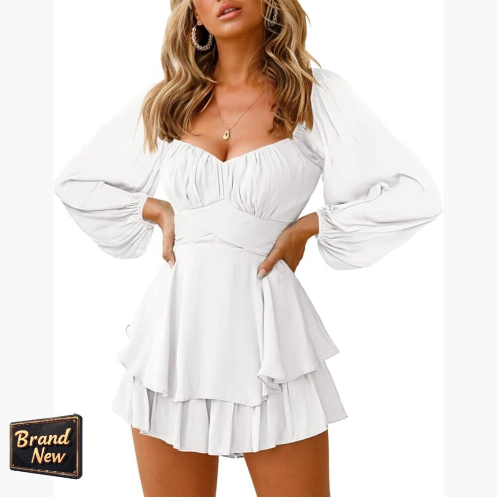 Long Sleeve Off Shoulder Romper With Ruffle Hem, Zip Back, Size Xl